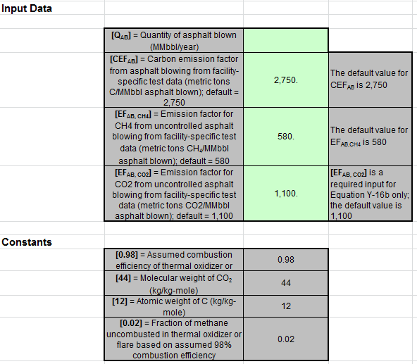 Y-16a, Y-16b, and Y-17 Input Spreadsheet Data Entry into the Green Cells